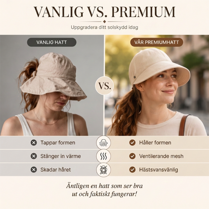 ☀️ 50 % RABATT JUST NU! 👒 Solhatt med öppning för hästsvans – lätt, luftig och med UPF 50+ samt justerbar passform. Perfekt för löpning, stranden och alla utomhusaktiviteter.