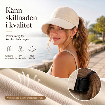 ☀️ 50 % RABATT JUST NU! 👒 Solhatt med öppning för hästsvans – lätt, luftig och med UPF 50+ samt justerbar passform. Perfekt för löpning, stranden och alla utomhusaktiviteter.