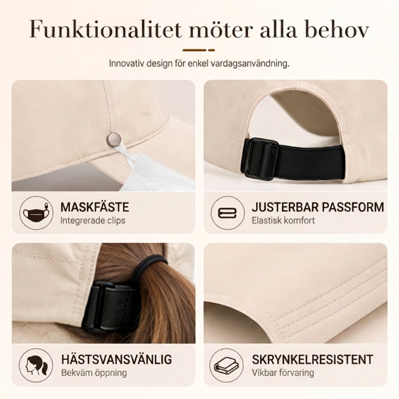☀️ 50 % RABATT JUST NU! 👒 Solhatt med öppning för hästsvans – lätt, luftig och med UPF 50+ samt justerbar passform. Perfekt för löpning, stranden och alla utomhusaktiviteter.