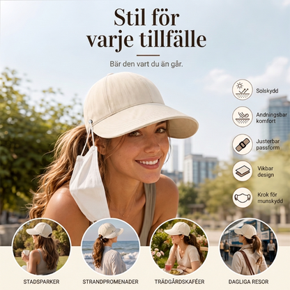 ☀️ 50 % RABATT JUST NU! 👒 Solhatt med öppning för hästsvans – lätt, luftig och med UPF 50+ samt justerbar passform. Perfekt för löpning, stranden och alla utomhusaktiviteter.